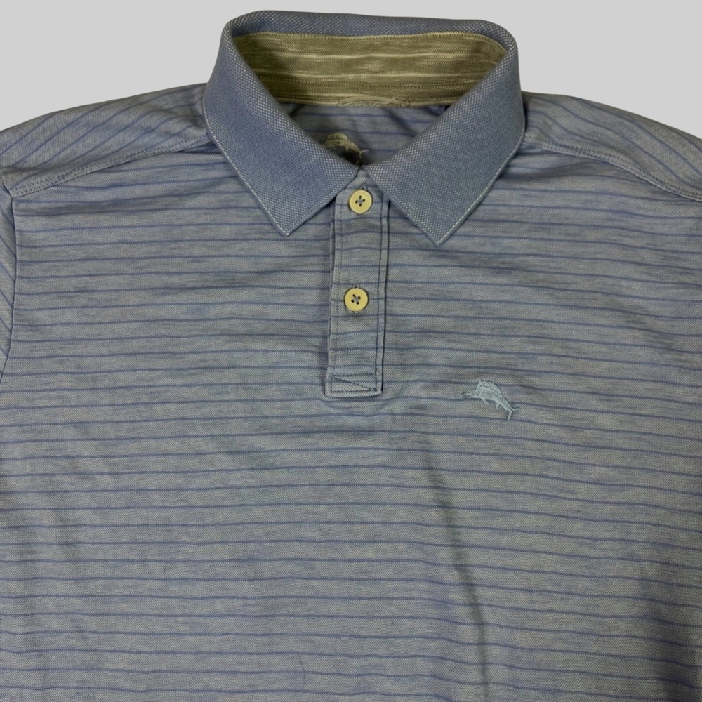 Tommy Bahama Mens Small Blue Striped Short Sleeve Polo Shirt Marlin Logo